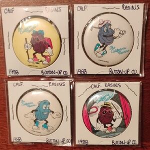 Set Of Four California Raisins Pinback Buttons From 1988 1.5"